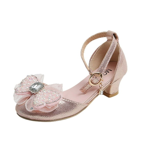 Zwiiyzr Girls Sandals Glittler Bow Dress Shoes Rhinestone Decoration Princess Shoes Crystal High Heels Party Wedding Flower Girls Shoes for Kids Pink