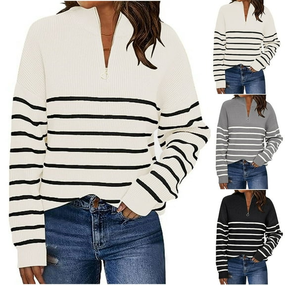 Lovskoo Half Zip Up Sweaters for Women Long Sleeve Striped Casual Knit Top Loose Pullover Stand Collar Sweater Beige