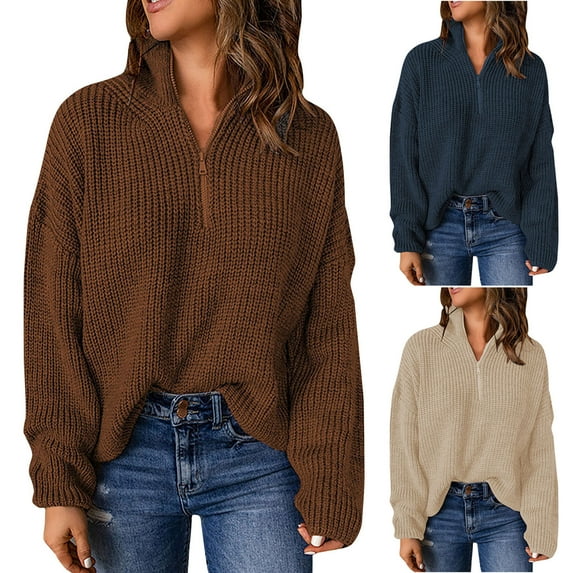 Lovskoo Half Zip Up Sweaters for Women Trendy Color Long Sleeve Pullove Shirt Sweater Tops Brown