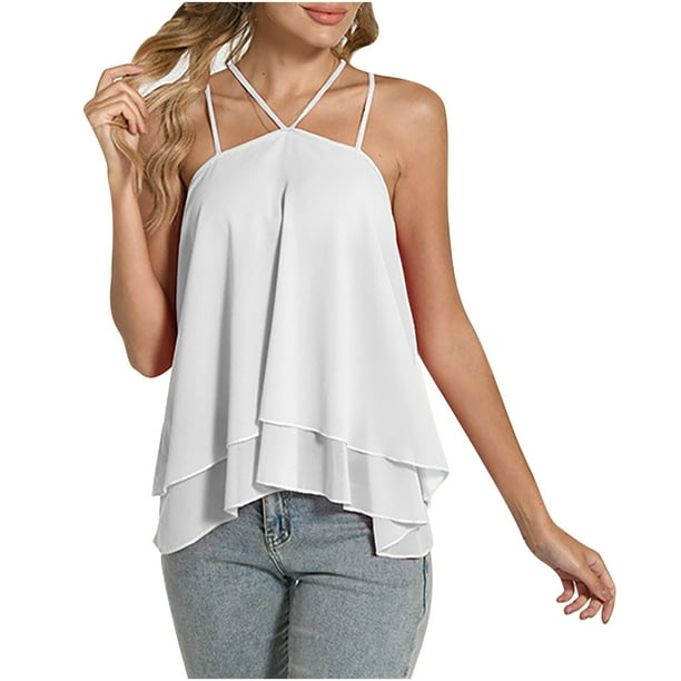 Lovskoo Halter Tops for Women Chiffon Ruffle Hem Spaghetti Straps Sleeveless Solid Color Tank Tops Solid Dressy Flowy Blouse White