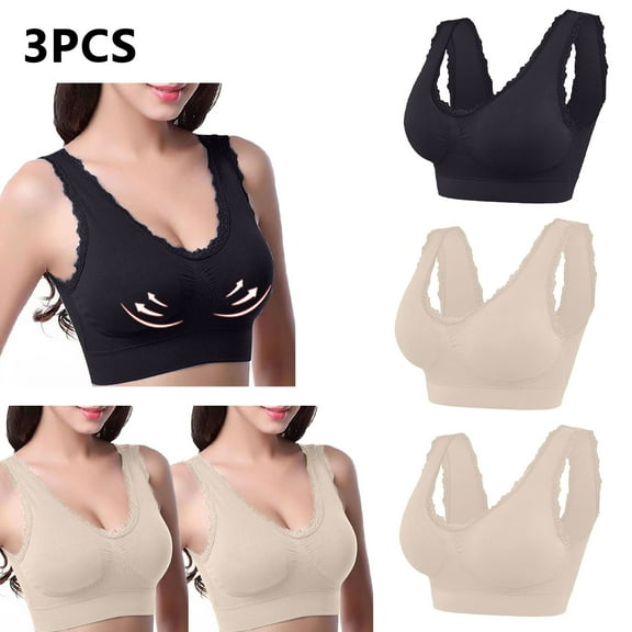 Lovskoo 3Pc Women's Sports Bra Lace Cami Bra Wireless Tank Top Bra Comfortable Everyday Bras For Women Leisure Beige