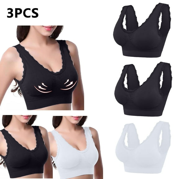 Lovskoo 3Pc Women's Sports Bra Lace Cami Bra Wireless Tank Top Bra Comfortable Everyday Bras For Women Leisure White