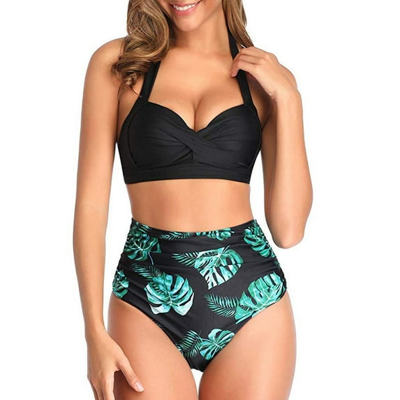 Lovskoo High Waisted Bikini Floral Print Vintage Swimsuit Two Piece Retro Halter Ruched Set Green