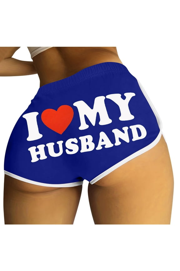 I Love My Husband Booty Shorts for Women Letter Printed Yoga Sport Workout Hot Pants Elastic Waist Athletic Lounge Shorts Blue