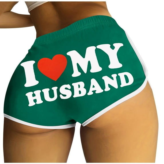 Lovskoo I Love My Husband Booty Shorts for Women Letter Printed Yoga Sport Workout Hot Pants Elastic Waist Athletic Lounge Shorts Olive Green