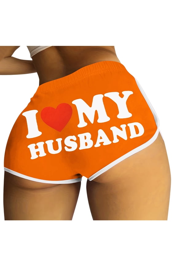 I Love My Husband Booty Shorts for Women Letter Printed Yoga Sport Workout Hot Pants Elastic Waist Athletic Lounge Shorts Orange