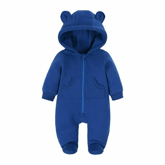 Lovskoo Infant Baby Girl Boy Footie Onesie Fall Winter Thickened Romper Ear Styling Solid Color Multi-Color Zipper Jumpsuits Blue