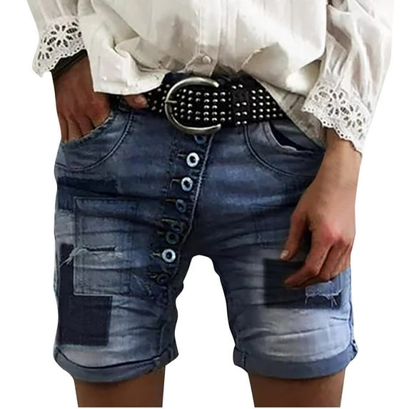 Lovskoo Jean Shorts for Women Trendy Mid Rise Stretchy Denim Shorts Button Pockets Summer 2024 Distressed Jean Shorts Dark Blue 2XL