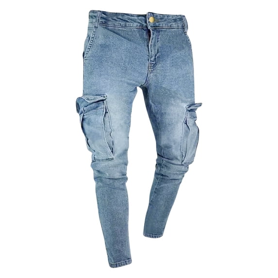 Lovskoo Jeans for Men Denim Pants Solid Color Casual Pocket Outdoor Spring Distressed Classic Work Elastic Jeans Pant Blue