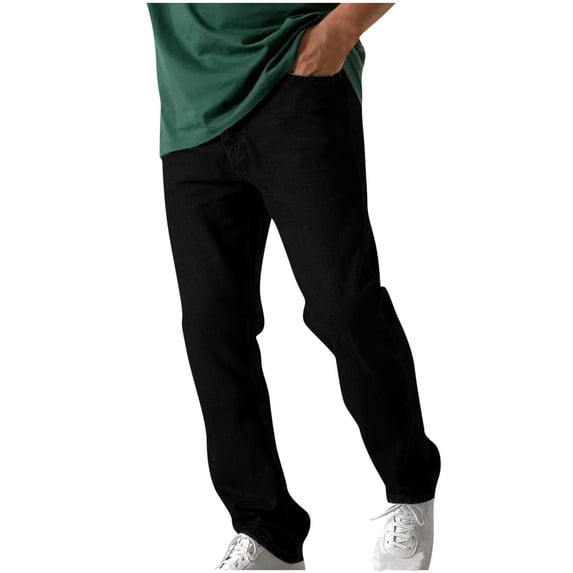 Lovskoo Jeans for Men Denim Pants Zipper Button Solid Color Elastic Waist Casual Pocket Sports Distressed Trousers Pants Black