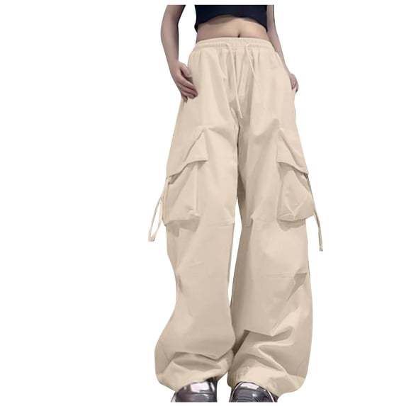 Lovskoo Jeans for Women Cargo Pants Streewear Solid Color Street Hip Hop Trousers with Pockets Beige