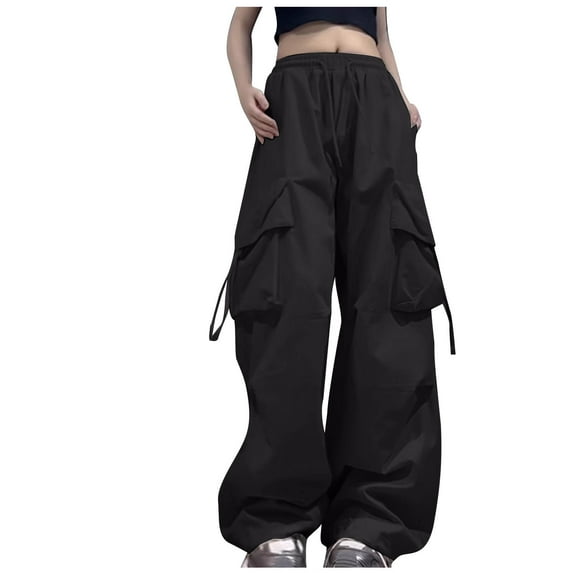 Lovskoo Jeans for Women Cargo Pants Streewear Solid Color Street Hip Hop Trousers with Pockets Black
