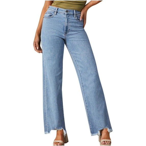 Lovskoo Jeans for Women Denim Pants Summer High Waisted Elastic Straight Leg Casual Solid Color Straight Leg Jeans Pocket Jean Pants Light Blue