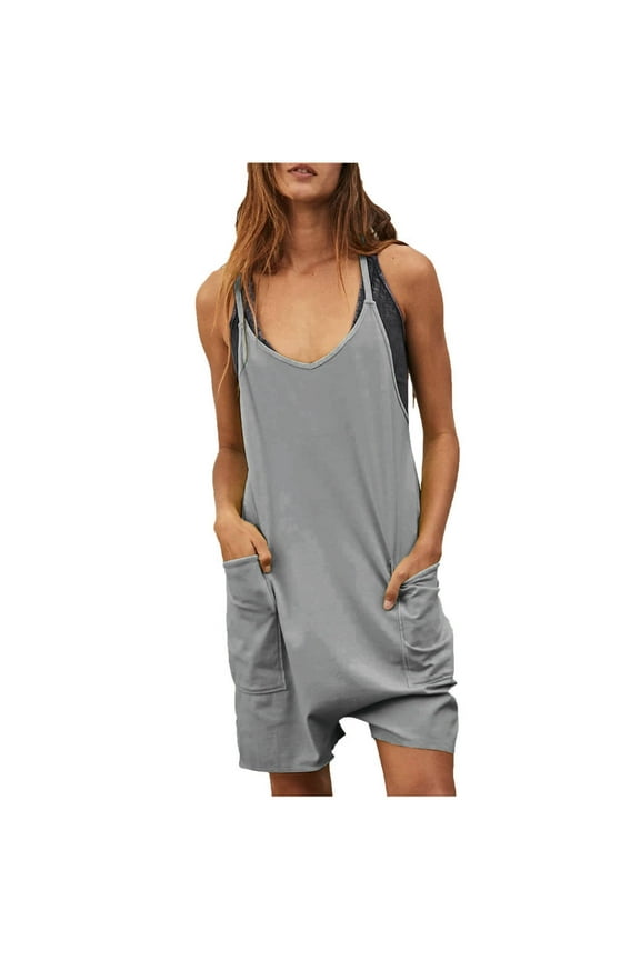 Jumpsuits for Women Wide Leg Rompers Crew Solid Neck Sleeveless Casual Short Jumpsuit Rompers with Pockets Overalls Women Gray