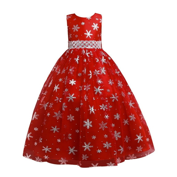 Zwiiyzr Kids Girls Tulle Princess Dresses Snowflake Pattern Printed Net Yarn Dress Children Sleeveless Long Dress Canonicals Red