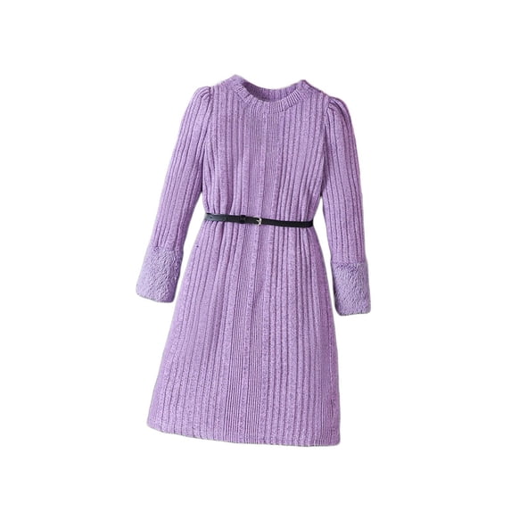 Lovskoo Kids Toddler Girls 2Pcs Dress Set 8-12 Years Round Neck Knit Patchwork Velvet Long Sleeve Dress + Black Belt Purple