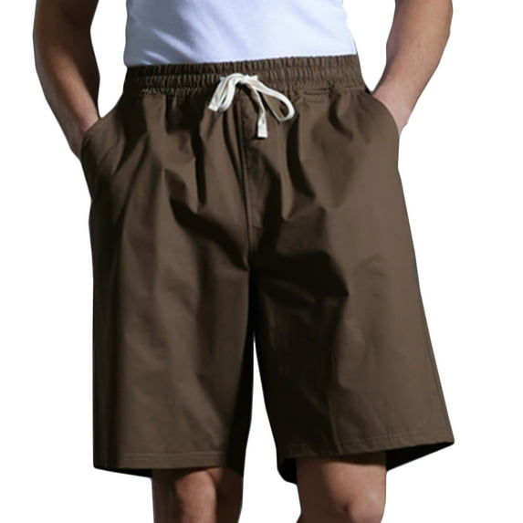 Lovskoo Knee Length Shorts for Men Solid Color Trendy Casual Cotton Drawstring Elastic Waist Half Shorts Pants Brown