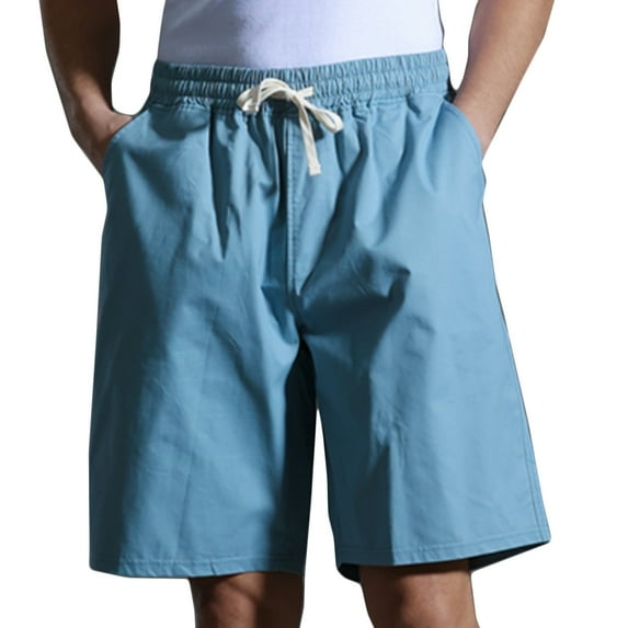 Lovskoo Knee Length Shorts for Men Solid Color Trendy Casual Cotton Drawstring Elastic Waist Half Shorts Pants Light Blue