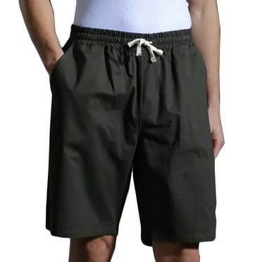 Lovskoo Knee Length Shorts for Men Solid Color Trendy Casual Cotton Drawstring Elastic Waist Half Shorts Pants Olive Green