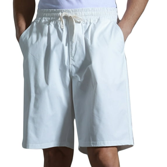 Lovskoo Knee Length Shorts for Men Solid Color Trendy Casual Cotton Drawstring Elastic Waist Half Shorts Pants White