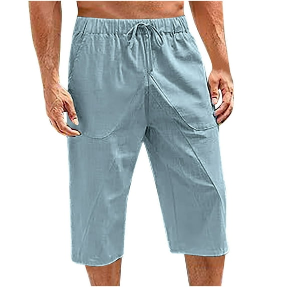 Lovskoo Knee Length Shorts for Men Trendy Solid Color Drawstring Elastic Waist Pocket Casual Sweat Capris Pants Gray