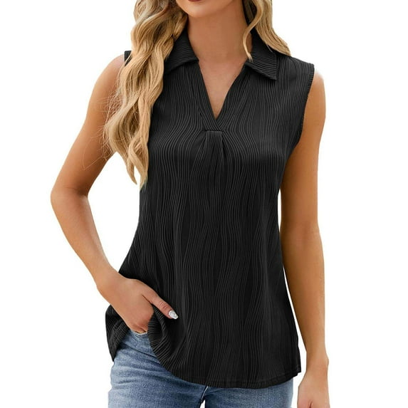 Lovskoo Knit Summer Tops for Women 2024 Button Down Collared Sleeveless Classic Lapel Solid Color T Shirt Tank Top Lapel Tank Top Black