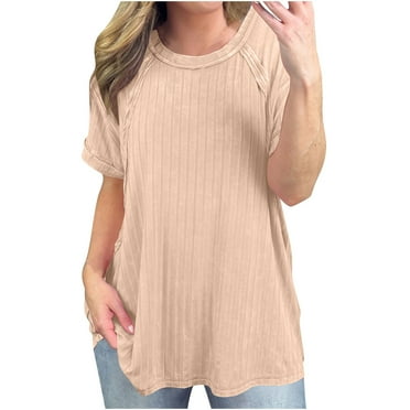 Lovskoo Knit Summer Tops for Women 2024 Round Neck Short Sleeve Solid Color Large Loose Casual Top Shirt Beige