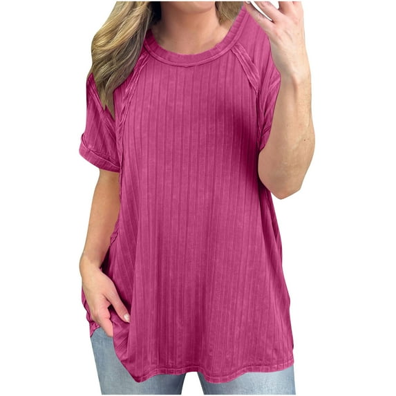 Lovskoo Knit Summer Tops for Women 2024 Round Neck Short Sleeve Solid Color Large Loose Casual Top Shirt Hot Pink