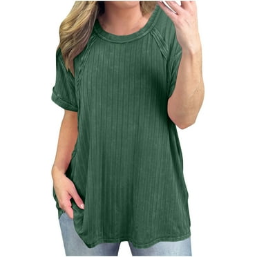 Lovskoo Knit Summer Tops for Women 2024 Round Neck Short Sleeve Solid Color Large Loose Casual Top Shirt Olive Green