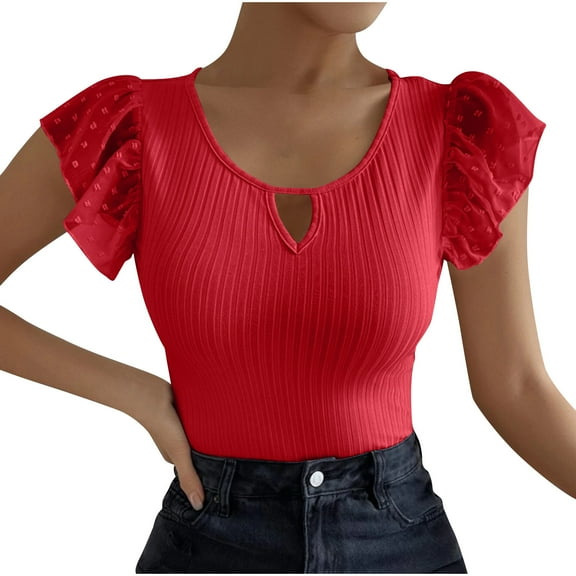 Lovskoo Knit Summer Tops for Women 2024 Round Neck Short Sleeve Solid Color Trendy Comfortable Breathable Blouses Tops Red