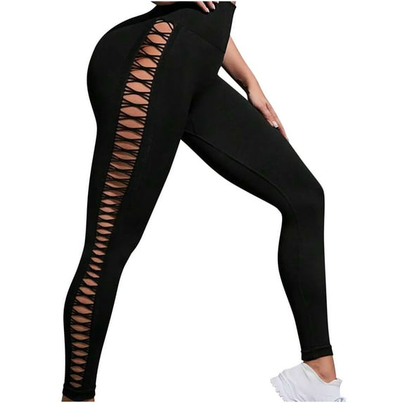 Lovskoo Leggings for Women Solid Color Summer Trendy Hollow Tie Dyed High Waist and Hip Lifting Sports Yoga Fitness Slim Pants Black