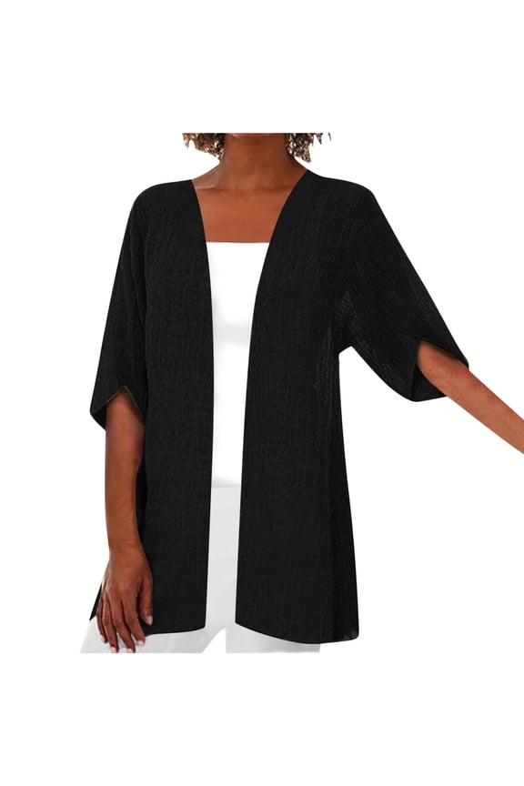 Lightweight Summer 3/4 Sleeve Cardigan for Women Plus Size Trendy Casual Solid Color Cardigans Fall Shrugs Black
