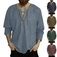 thumbnail image 1 of Lovskoo Linen Shirts for Men Casual Loose Solid Color Drawstring Long Sleeve Shirt Cotton Linen V-Neck Shirt Claret, 1 of 6