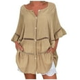 thumbnail image 1 of Lovskoo Linen Shirts for Women Loose Fit Plus Size Summer Tops 3/4 Sleeve Cotton Tshirts Blouses Solid Hollow Out V-Neck Pullover Tops Shirt Brown, 1 of 9