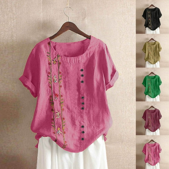 Lovskoo Linen Shirts for Women Plus Size 2025 Button Summer Casual Loose Tops Crew Neck Trendy Short Sleeve Foral Blouses Khaki