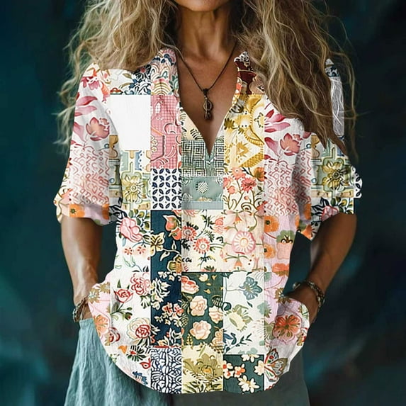 Lovskoo Linen Shirts for Women Retro Boho Floral Print Casual Cotton Linen V-Neck 3/4 Sleeve Shirt Top Multicolor