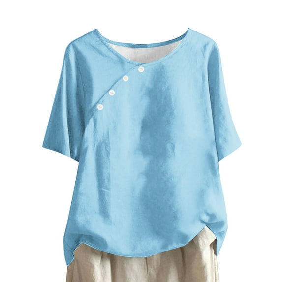 Lovskoo Linen Summer Tops for Women 2024 Round Neck Short Sleeve Solid Color Casual Button Top Blue