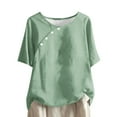 thumbnail image 1 of Lovskoo Linen Summer Tops for Women 2024 Round Neck Short Sleeve Solid Color Casual Button Top Green, 1 of 6