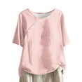 thumbnail image 1 of Lovskoo Linen Summer Tops for Women 2024 Round Neck Short Sleeve Solid Color Casual Linen Knot Button Top Pink, 1 of 6