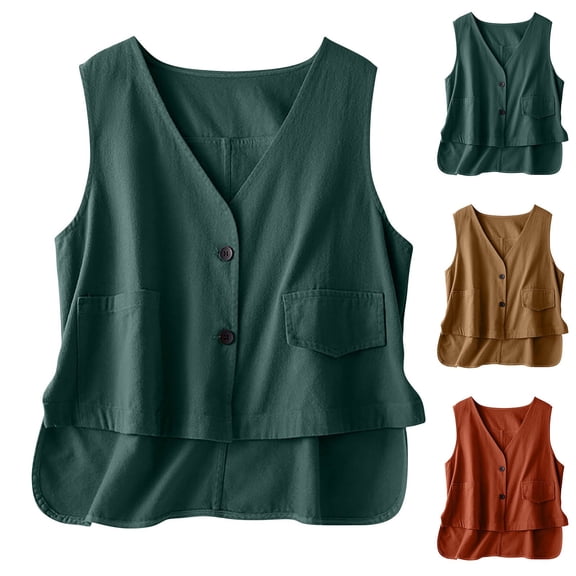 Lovskoo Linen Tank Tops for Women Sleeveless 2025 Cotton And Linen Button-Pocket Casual Top Brown