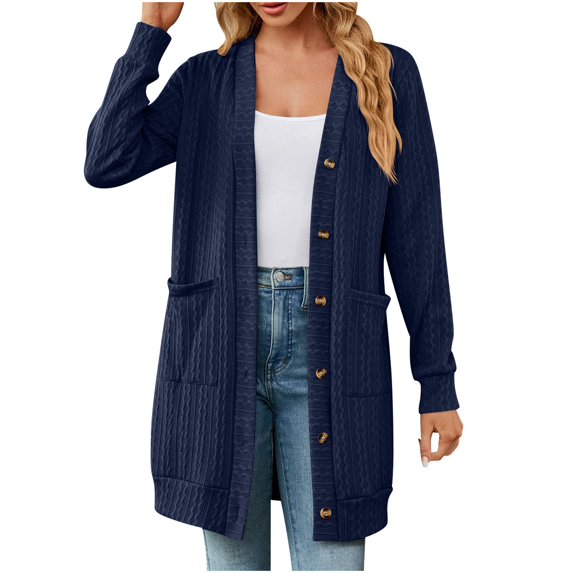 Lovskoo Long Cardigan Sweaters for Women Open Front Snap Button Knit Ribbed Cardigans Outfits Navy