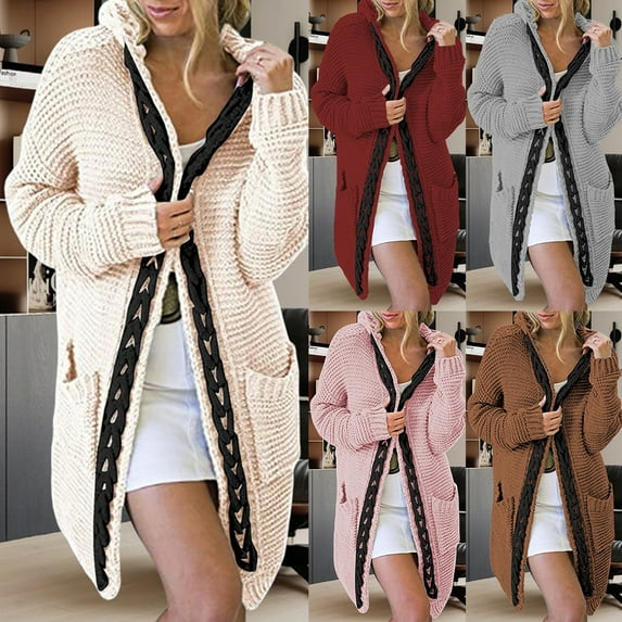 Lovskoo Long Cardigans for Women Trendy Casual Outfits Chunky Knit Open Front Hooded Sweaters Long Sleeve Cardigan Outerwear Coats with Pocket Beige
