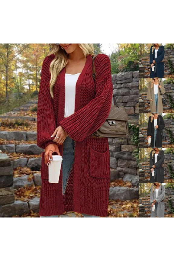 Long Cardigans for Women Trendy Long Sleeve Loose Checkered Color Matching Knitted Cardigan Sweater Coat Gray