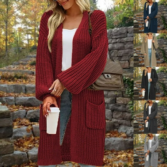 Lovskoo Long Cardigans for Women Trendy Long Sleeve Loose Checkered Color Matching Knitted Cardigan Sweater Coat Khaki