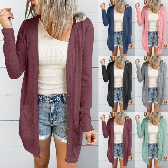 Lovskoo Long Cardigans for Women Trendy Solid Color Open Front Long Sleeve Casual Outerwear with Pocket and Button Cardigan Dark Blue