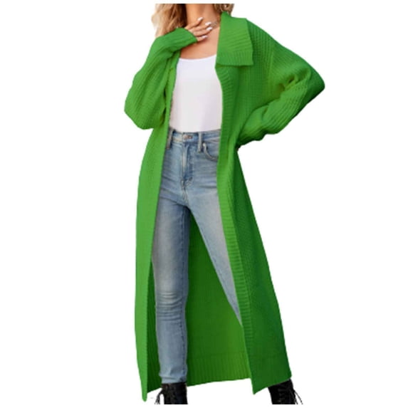 Lovskoo Long Cardigans for Women Trendy Winter Casual Solid Lapel Cardigan Knitted Long Sleeve Top Sweater Coat Green