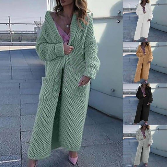 Lovskoo Long Cardigans for Women Trendy Winter Long Sleeve Solid Color Knit Sweater Pocket Cardigan Jacket Khaki