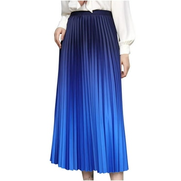 Lovskoo Long Skirts for Women Gradient Color Pleated Midi Skirt High Waist A Line Skirt Flowy Swing Maxi Half Skirt Dark Blue