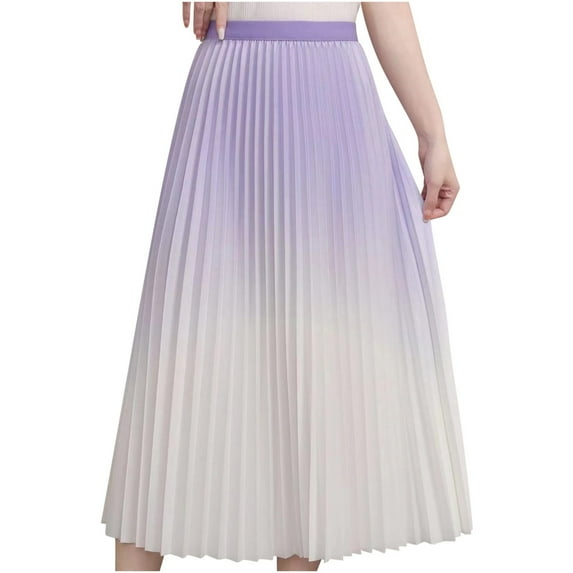 Lovskoo Long Skirts for Women Gradient Color Pleated Midi Skirt High Waist A Line Skirt Flowy Swing Maxi Half Skirt Purple