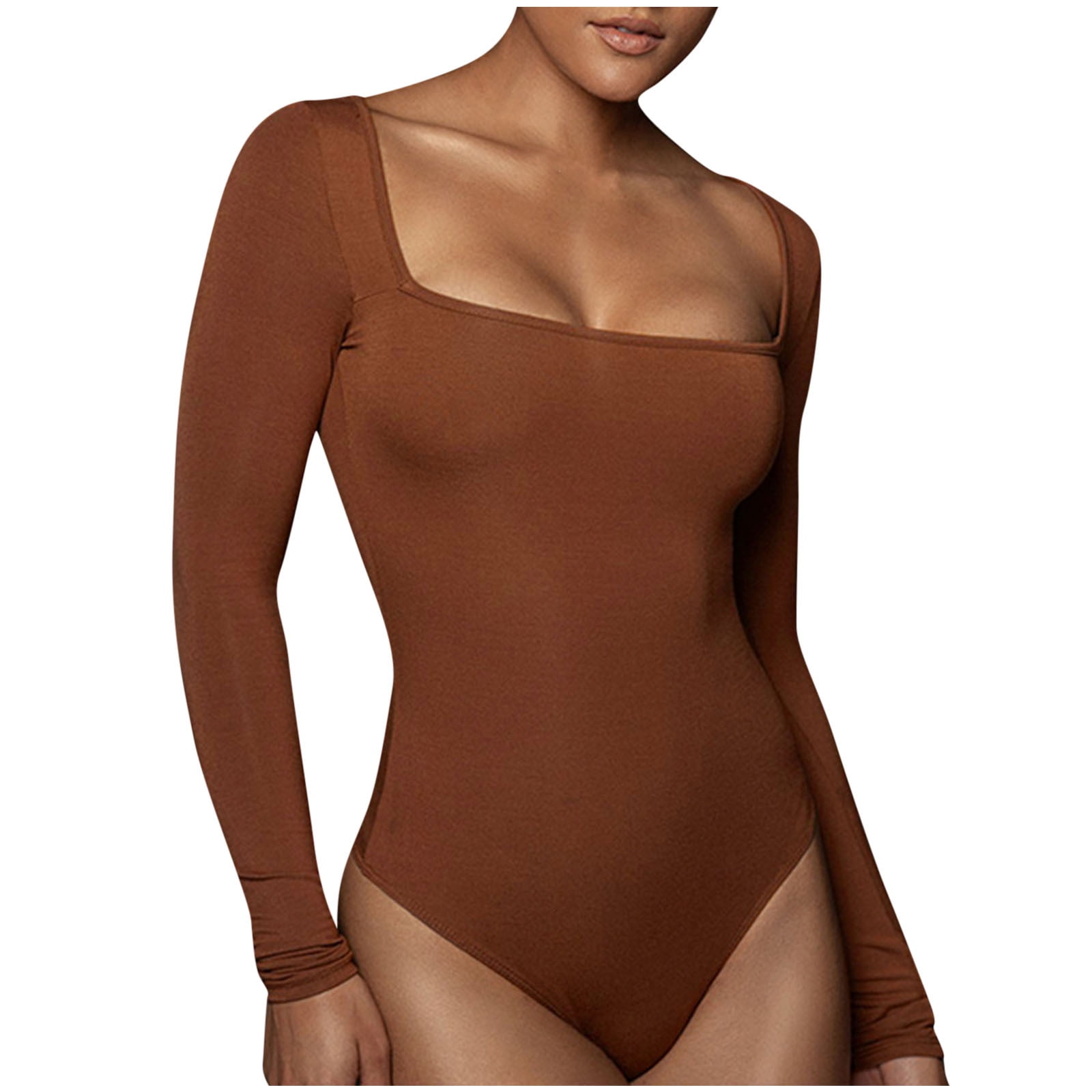 Lovskoo Long Sleeve Bodysuit for Women Tummy Control Fleece Thin Square  Neck Shapewear Seamless Sculpting Thong Body Shaper Tops Jumpsuit Brown 
